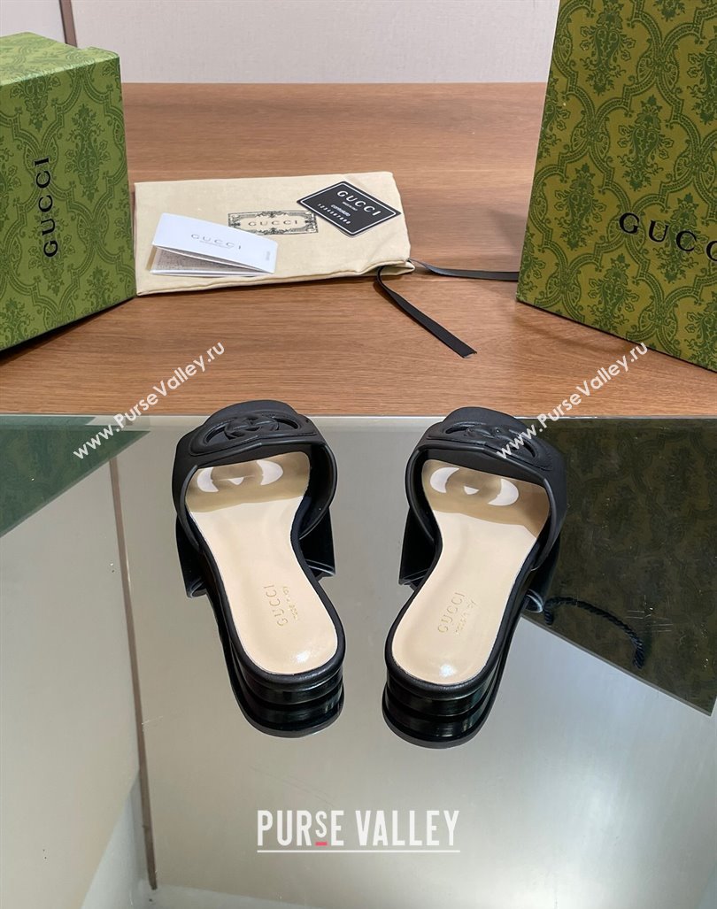 Gucci Cutout Interlocking G Flat Slides Sandals Black 2024 0605 (MD-240605133)