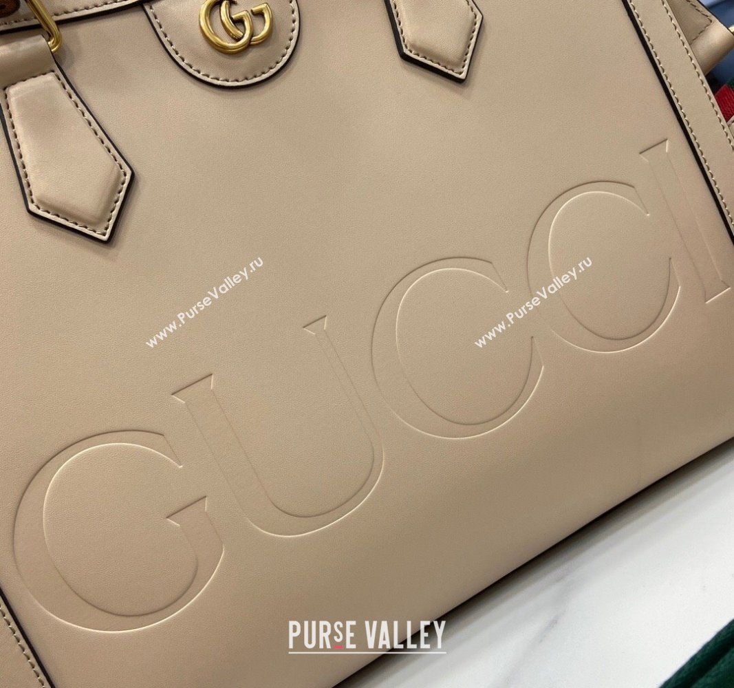 Gucci Diana Leather Medium Tote Bag with Embossed GUCCI Logo Beige 2024 678842 (XLU-240625007)