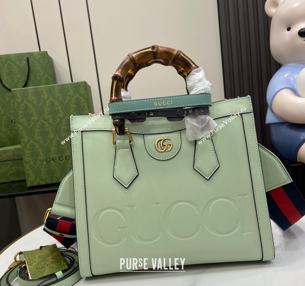 Gucci Diana Leather Small Tote Bag with Embossed GUCCI Logo Pale Green 2024 702721 (XLU-240625008)