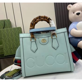 Gucci Diana Leather Small Tote Bag with Embossed GUCCI Logo Pale Blue 2024 702721 (XLU-240625009)