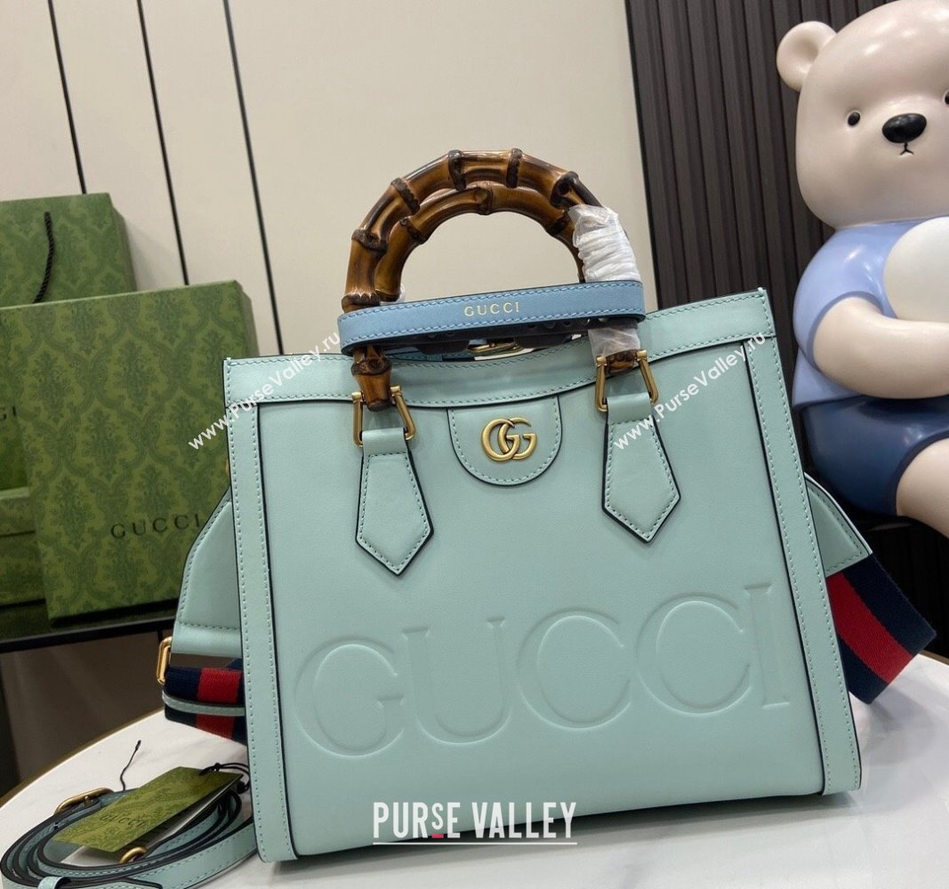 Gucci Diana Leather Small Tote Bag with Embossed GUCCI Logo Pale Blue 2024 702721 (XLU-240625009)