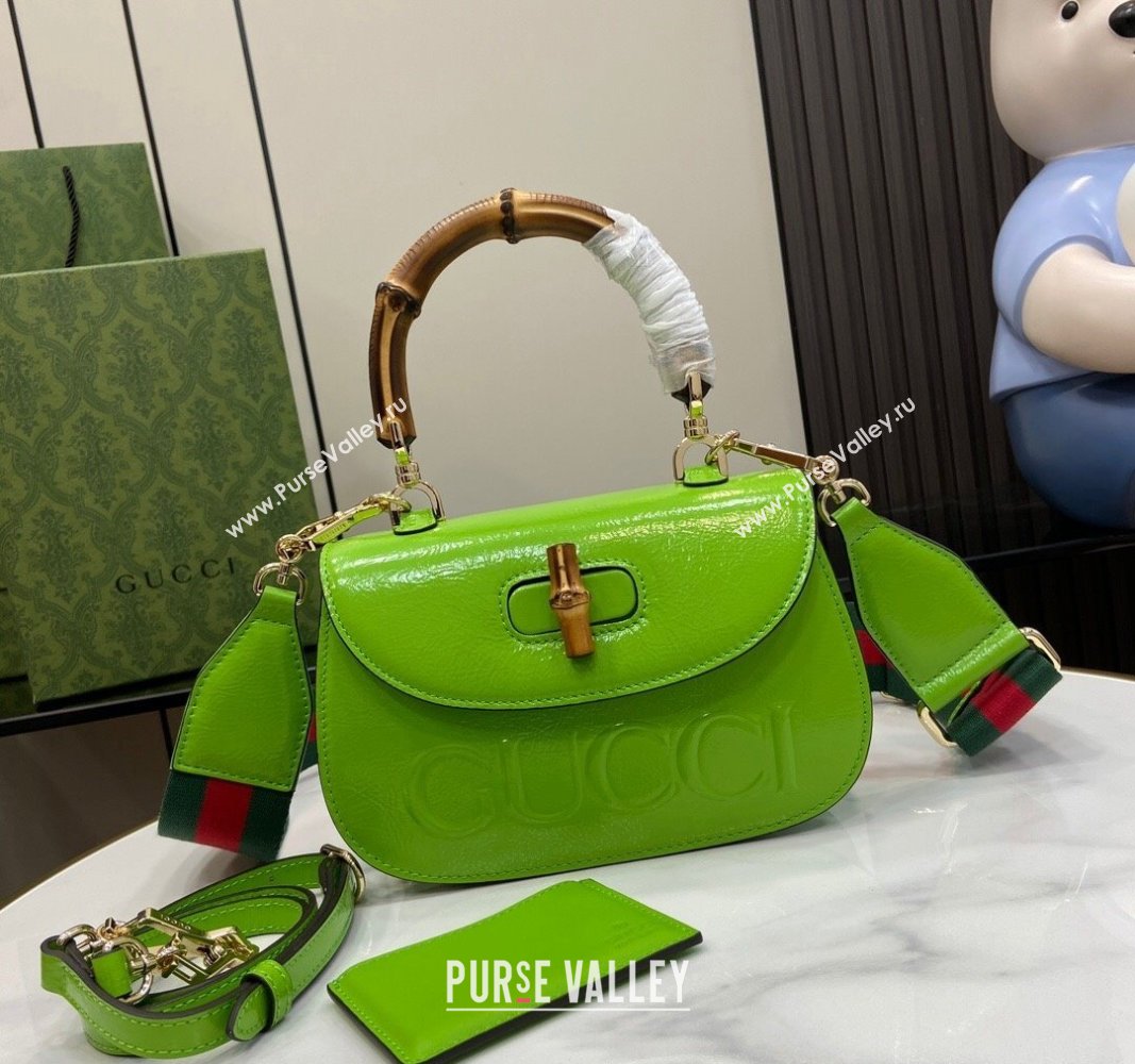 Gucci Bamboo 1947 Patent Leather Small bag with Embossed GUCCI Logo Green 2024 675797 (XLU-240625026)