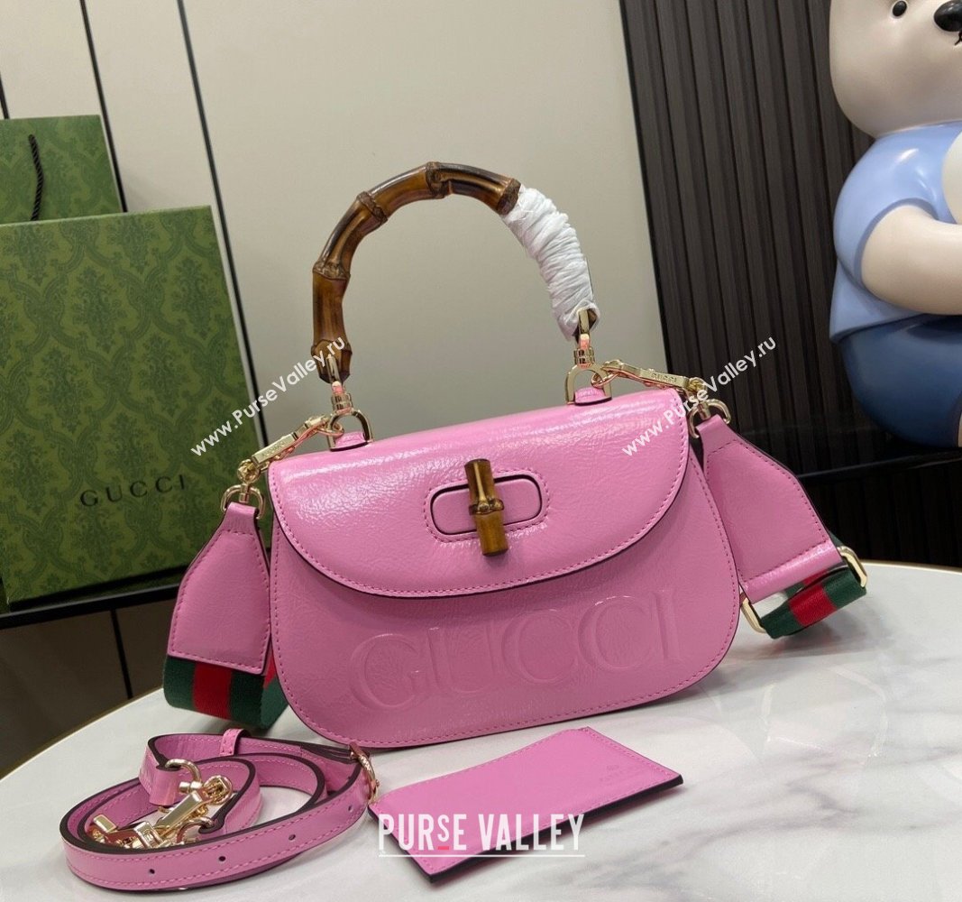 Gucci Bamboo 1947 Patent Leather Small bag with Embossed GUCCI Logo Pink 2024 675797 (XLU-240625027)