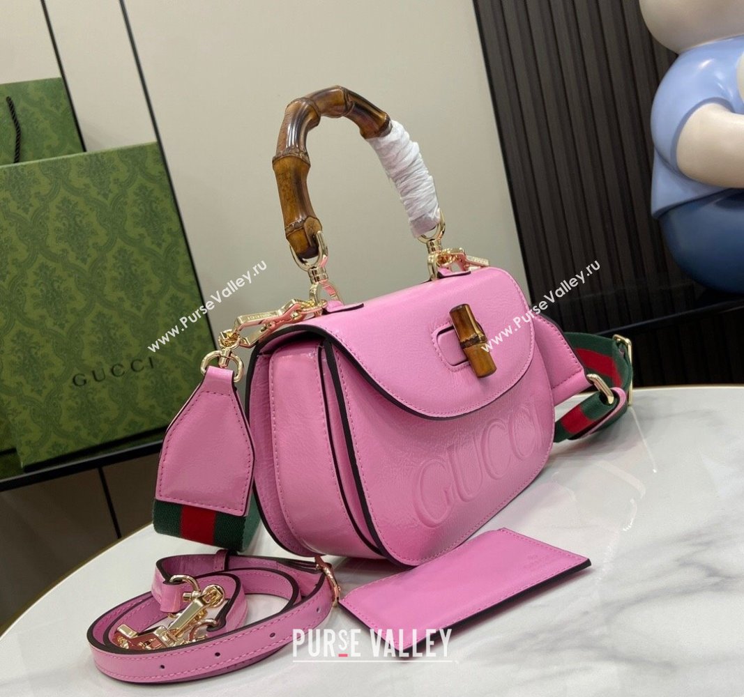 Gucci Bamboo 1947 Patent Leather Small bag with Embossed GUCCI Logo Pink 2024 675797 (XLU-240625027)