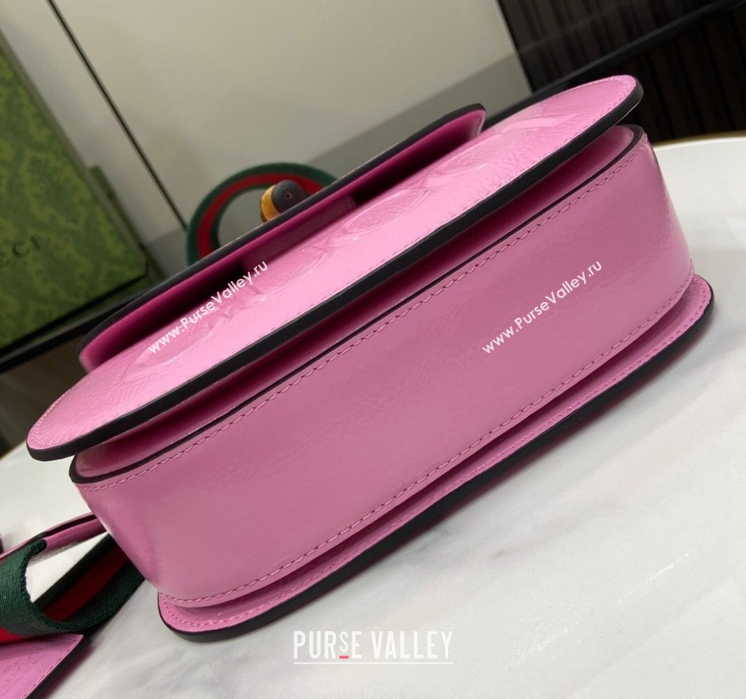 Gucci Bamboo 1947 Patent Leather Small bag with Embossed GUCCI Logo Pink 2024 675797 (XLU-240625027)