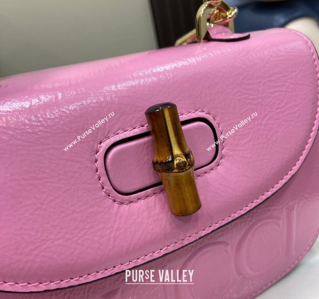 Gucci Bamboo 1947 Patent Leather Small bag with Embossed GUCCI Logo Pink 2024 675797 (XLU-240625027)