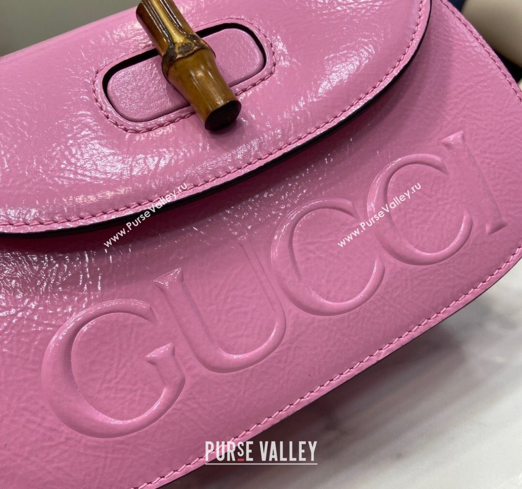 Gucci Bamboo 1947 Patent Leather Small bag with Embossed GUCCI Logo Pink 2024 675797 (XLU-240625027)