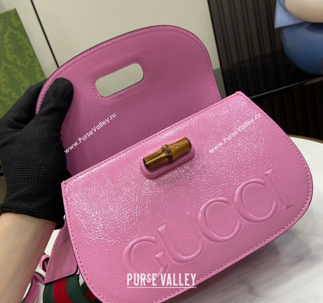 Gucci Bamboo 1947 Patent Leather Small bag with Embossed GUCCI Logo Pink 2024 675797 (XLU-240625027)