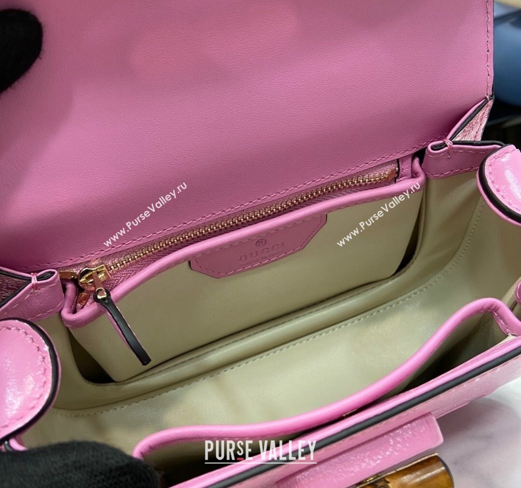 Gucci Bamboo 1947 Patent Leather Small bag with Embossed GUCCI Logo Pink 2024 675797 (XLU-240625027)