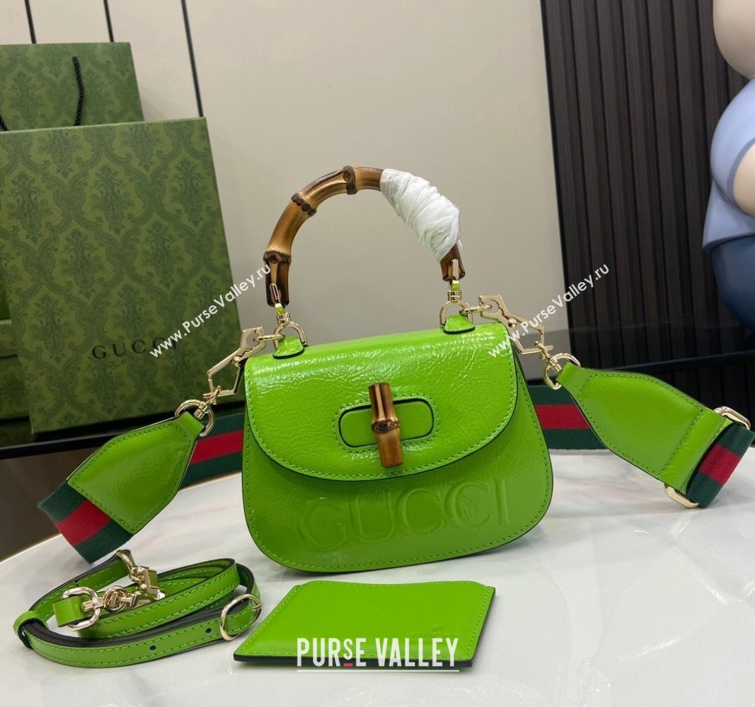 Gucci Bamboo 1947 Patent Leather Mini bag with Embossed GUCCI Logo Green 2024 786482 (XLU-240625033)