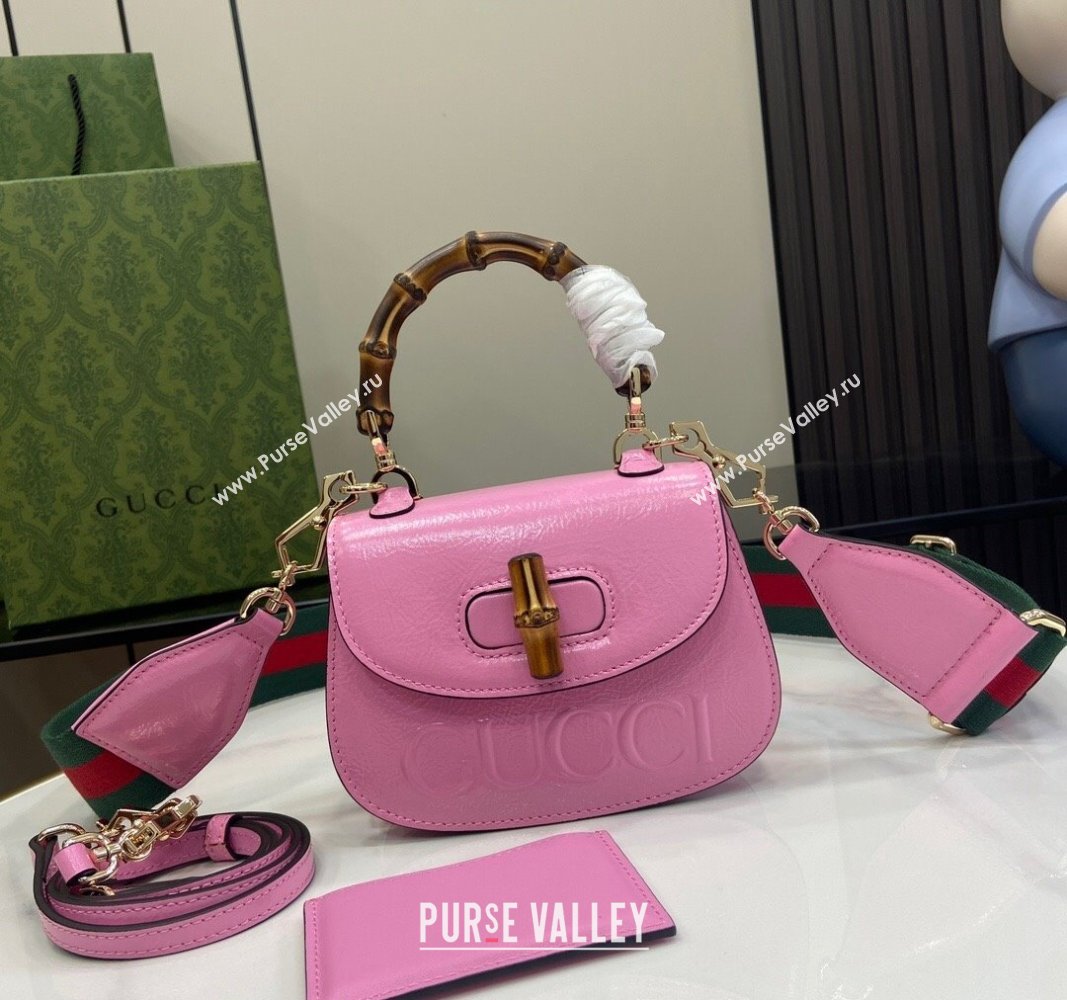 Gucci Bamboo 1947 Patent Leather Mini bag with Embossed GUCCI Logo Pink 2024 786482 (XLU-240625034)