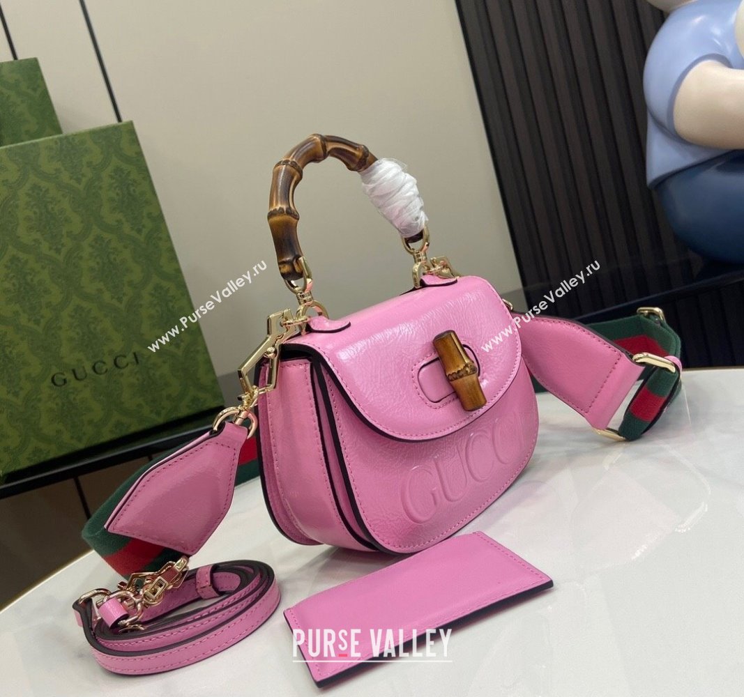 Gucci Bamboo 1947 Patent Leather Mini bag with Embossed GUCCI Logo Pink 2024 786482 (XLU-240625034)