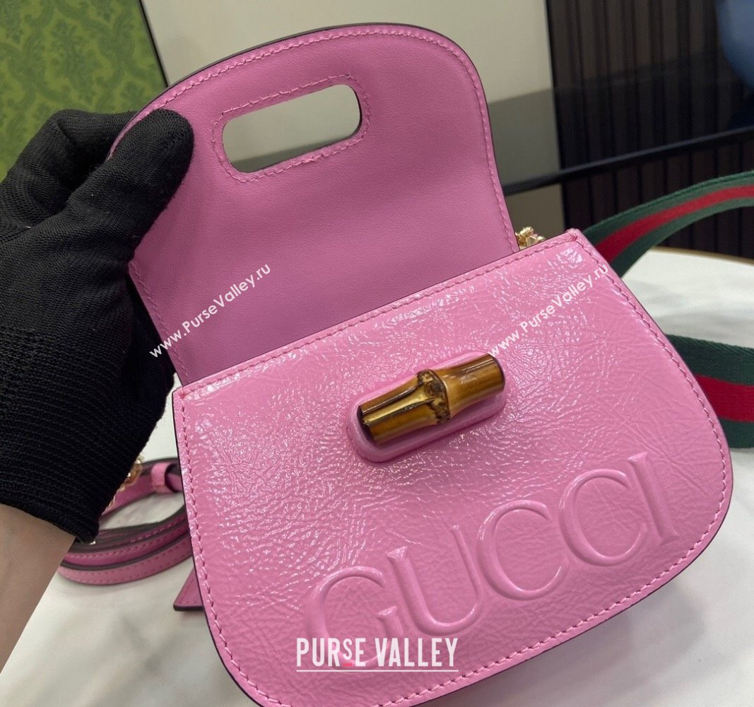 Gucci Bamboo 1947 Patent Leather Mini bag with Embossed GUCCI Logo Pink 2024 786482 (XLU-240625034)