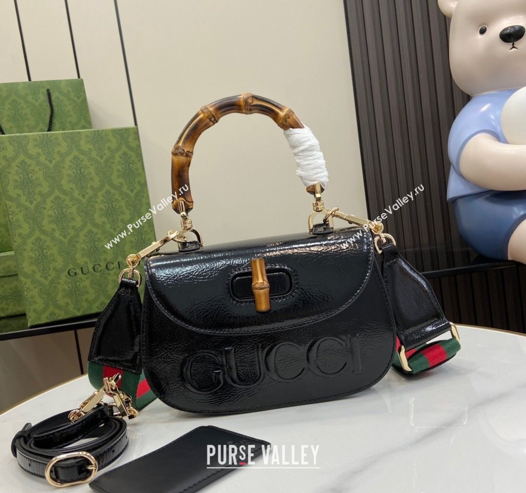 Gucci Bamboo 1947 Patent Leather Small bag with Embossed GUCCI Logo Black 2024 675797 (XLU-240625029)