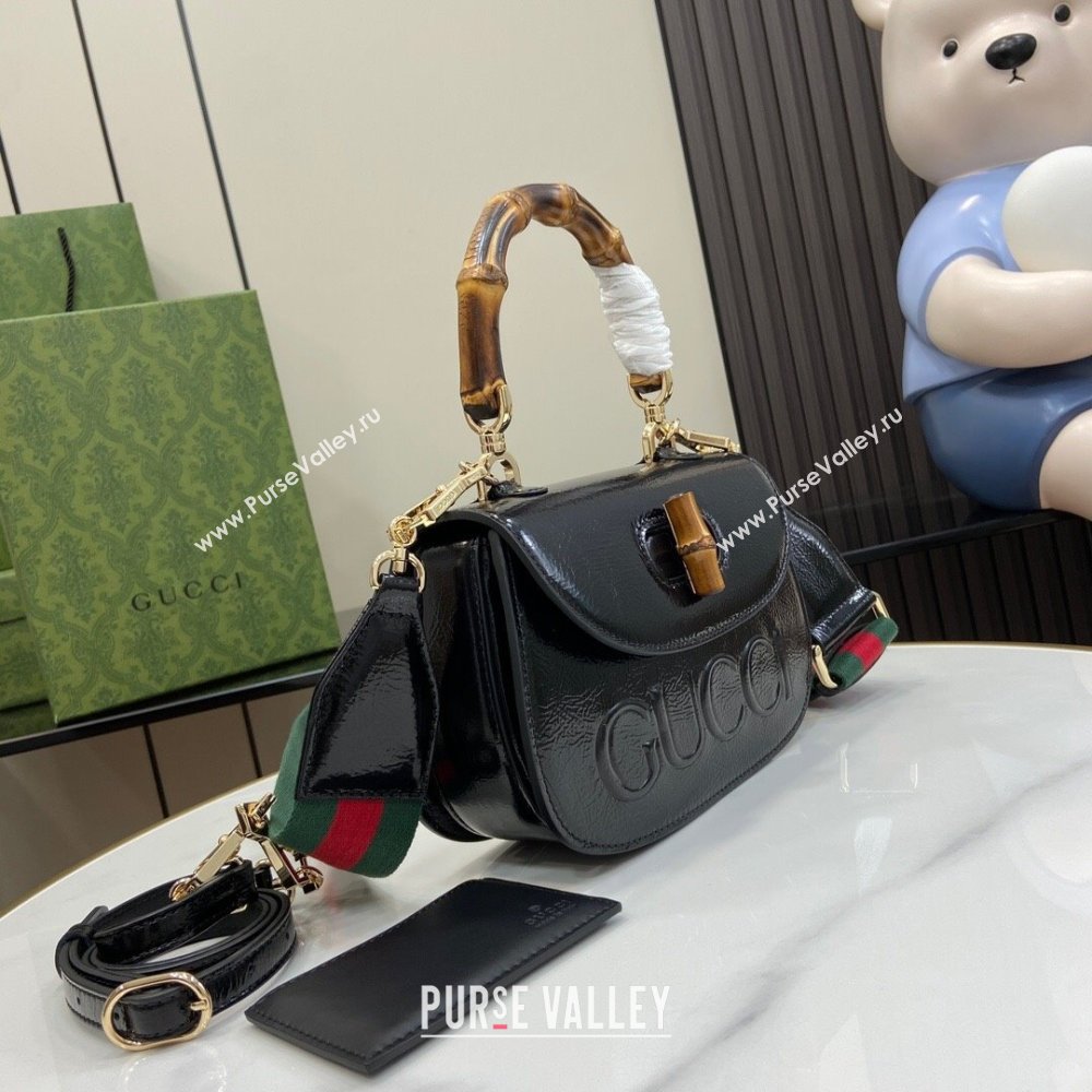 Gucci Bamboo 1947 Patent Leather Small bag with Embossed GUCCI Logo Black 2024 675797 (XLU-240625029)