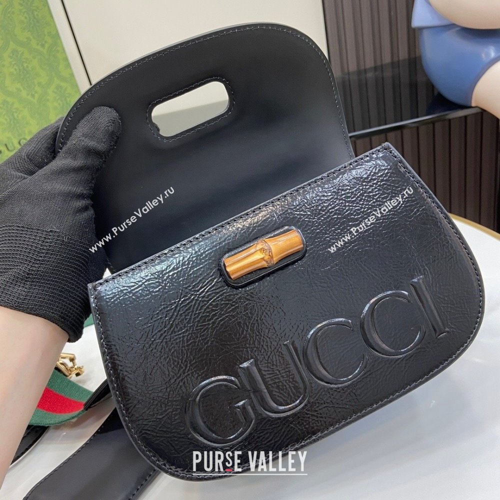 Gucci Bamboo 1947 Patent Leather Small bag with Embossed GUCCI Logo Black 2024 675797 (XLU-240625029)