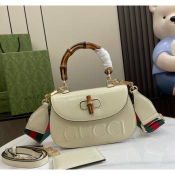 Gucci Bamboo 1947 Patent Leather Small bag with Embossed GUCCI Logo White 2024 675797 (XLU-240625030)