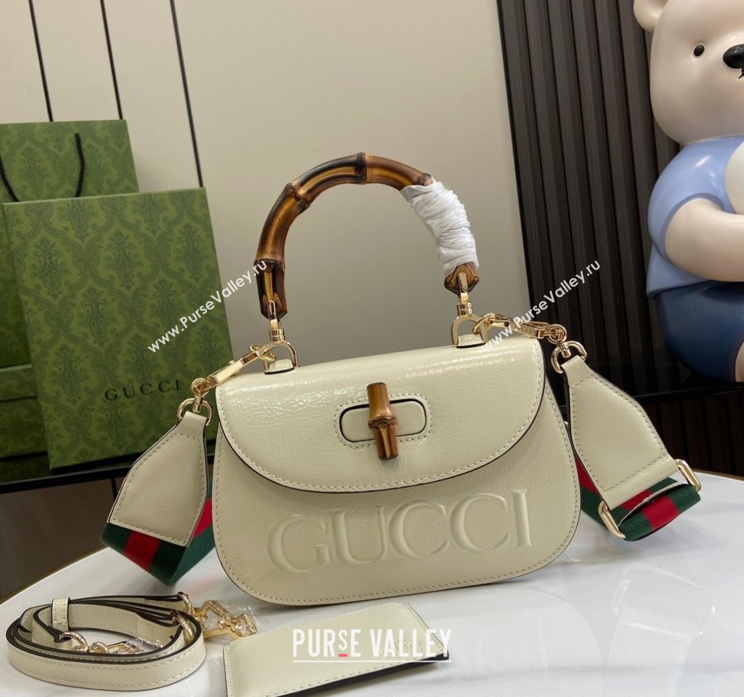 Gucci Bamboo 1947 Patent Leather Small bag with Embossed GUCCI Logo White 2024 675797 (XLU-240625030)