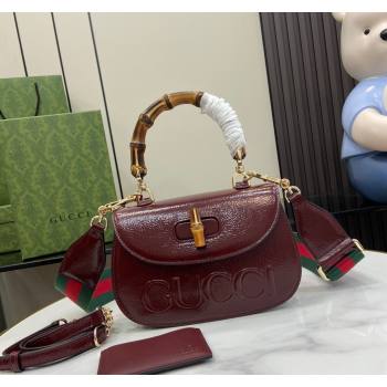 Gucci Bamboo 1947 Patent Leather Small bag with Embossed GUCCI Logo Burgundy 2024 675797 (XLU-240625028)