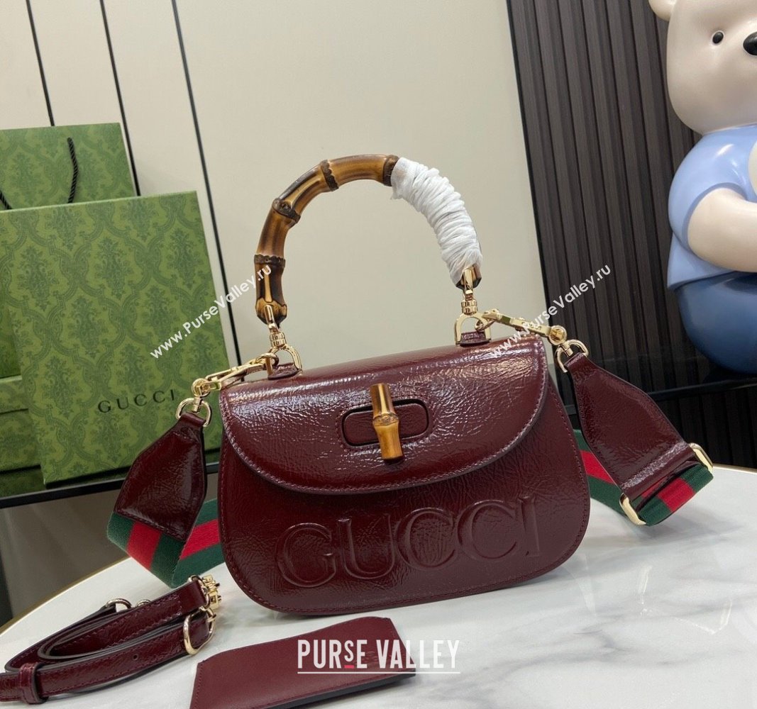 Gucci Bamboo 1947 Patent Leather Small bag with Embossed GUCCI Logo Burgundy 2024 675797 (XLU-240625028)