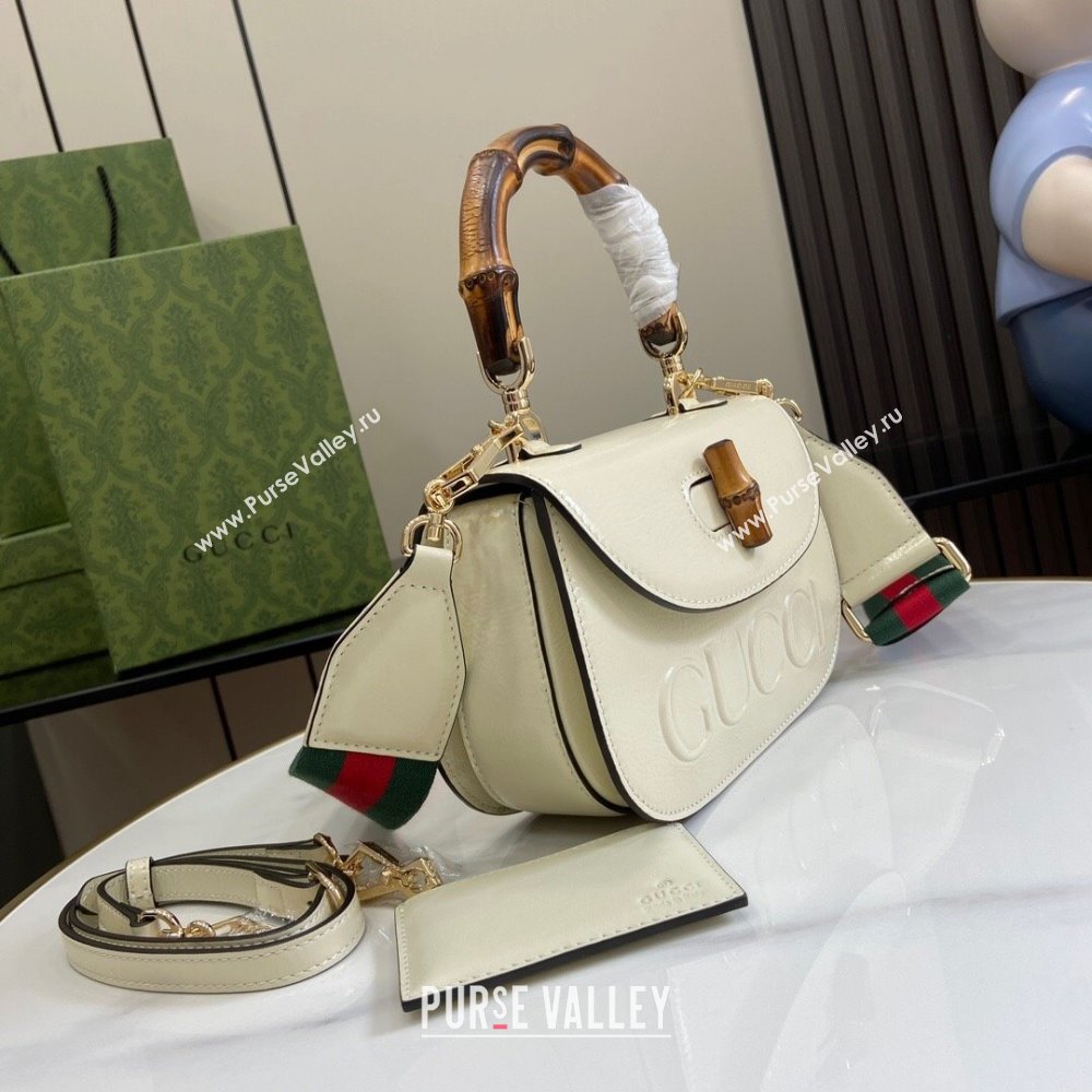 Gucci Bamboo 1947 Patent Leather Small bag with Embossed GUCCI Logo White 2024 675797 (XLU-240625030)