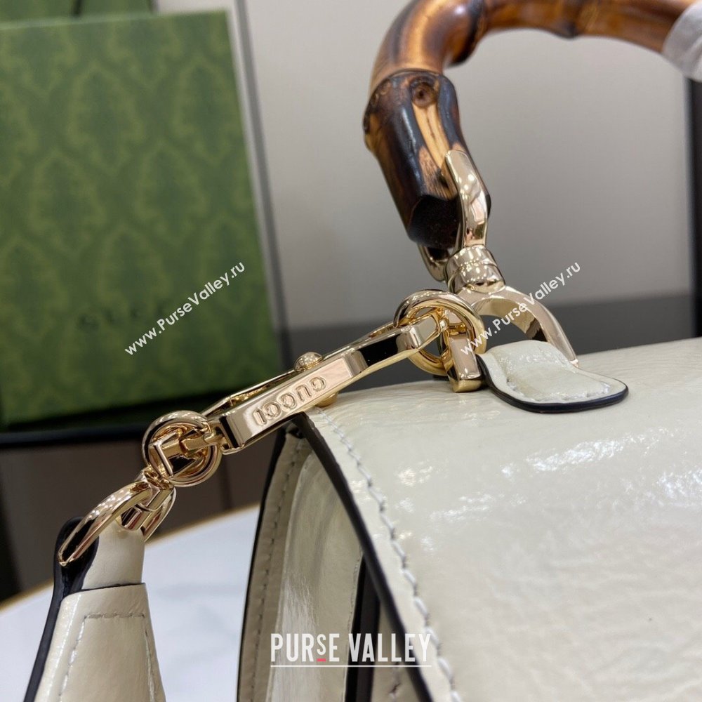 Gucci Bamboo 1947 Patent Leather Small bag with Embossed GUCCI Logo White 2024 675797 (XLU-240625030)