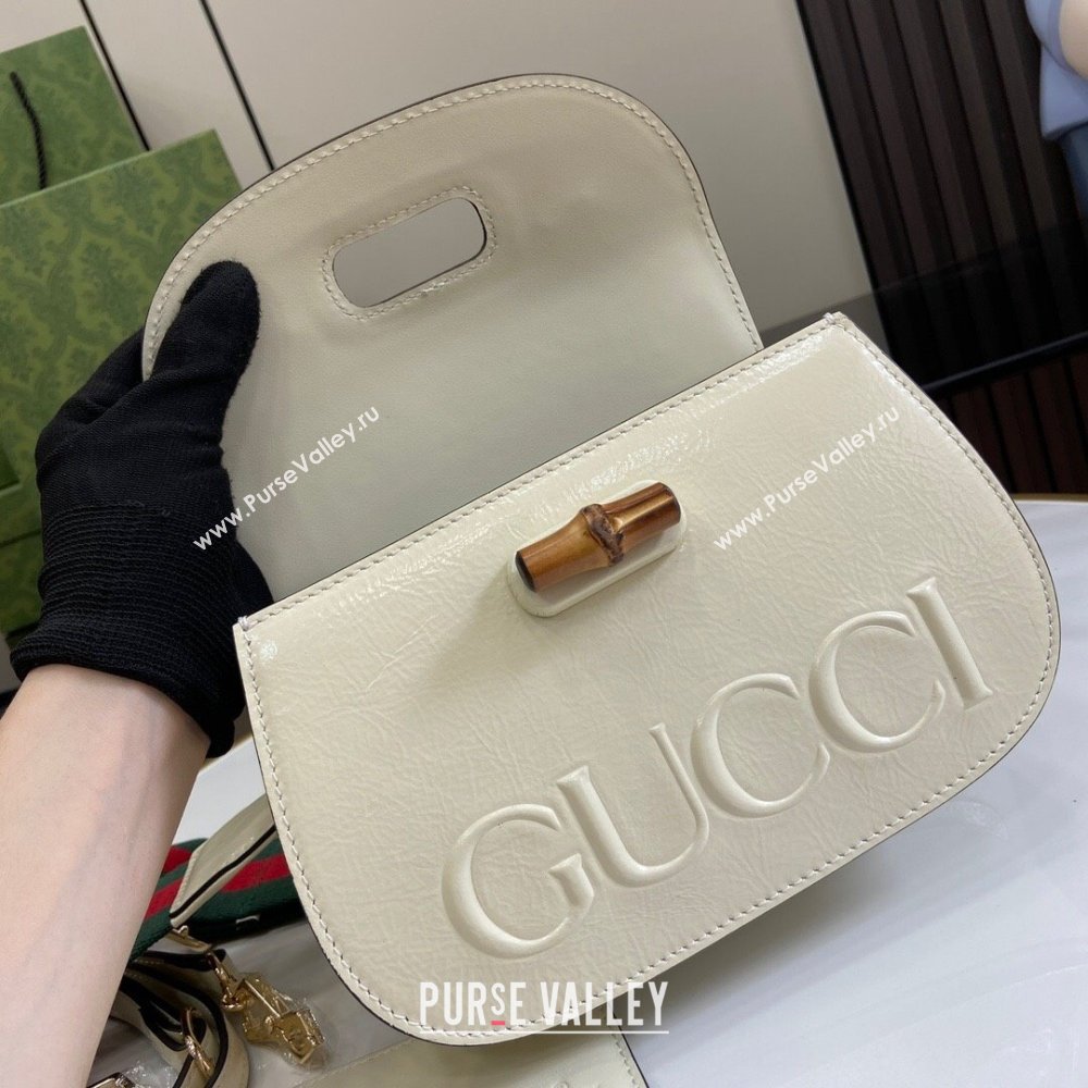 Gucci Bamboo 1947 Patent Leather Small bag with Embossed GUCCI Logo White 2024 675797 (XLU-240625030)