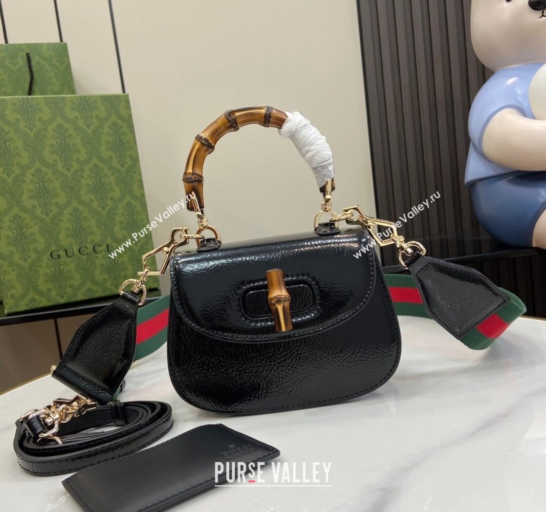 Gucci Bamboo 1947 Crinkled Patent Leather Mini Top Handle bag Black 2024 786482 (XLU-240625035)