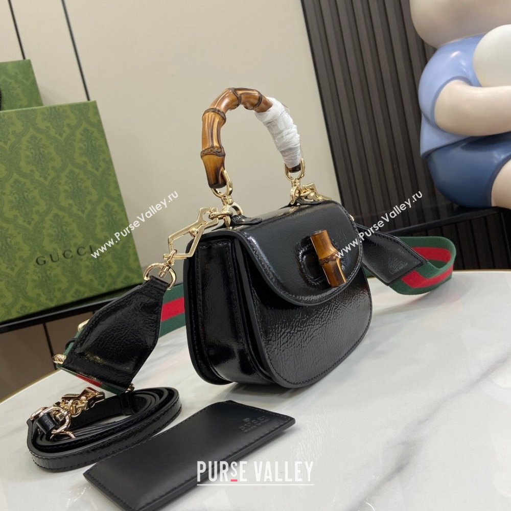 Gucci Bamboo 1947 Crinkled Patent Leather Mini Top Handle bag Black 2024 786482 (XLU-240625035)