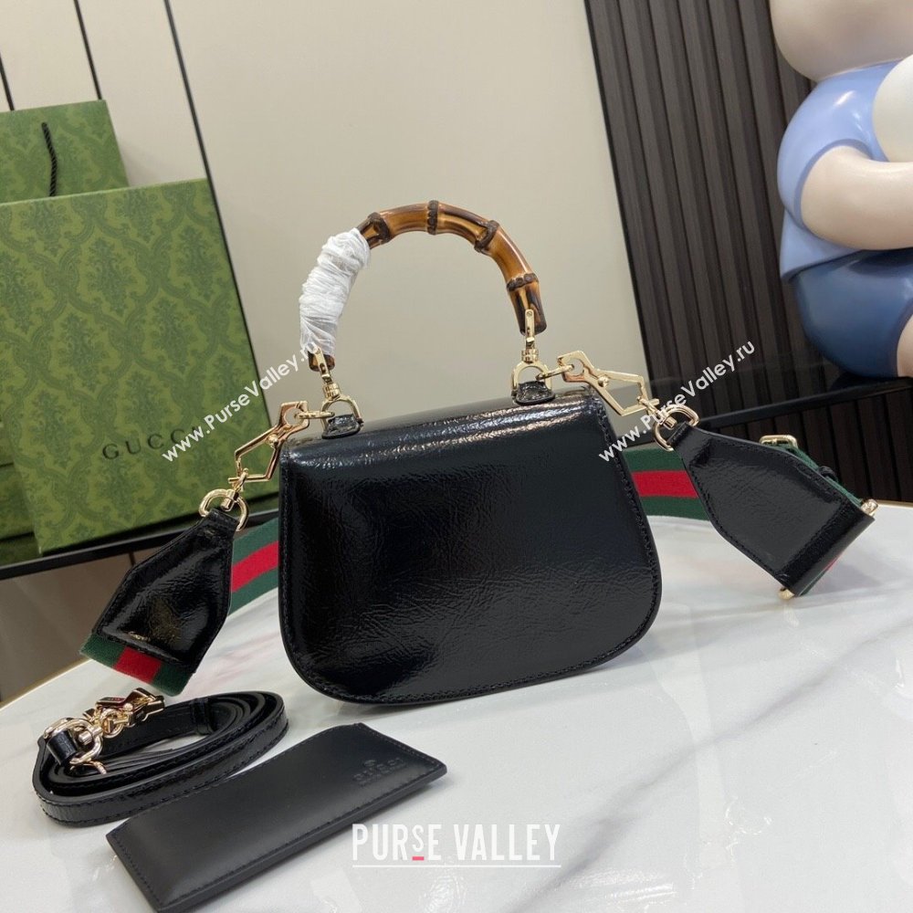 Gucci Bamboo 1947 Crinkled Patent Leather Mini Top Handle bag Black 2024 786482 (XLU-240625035)