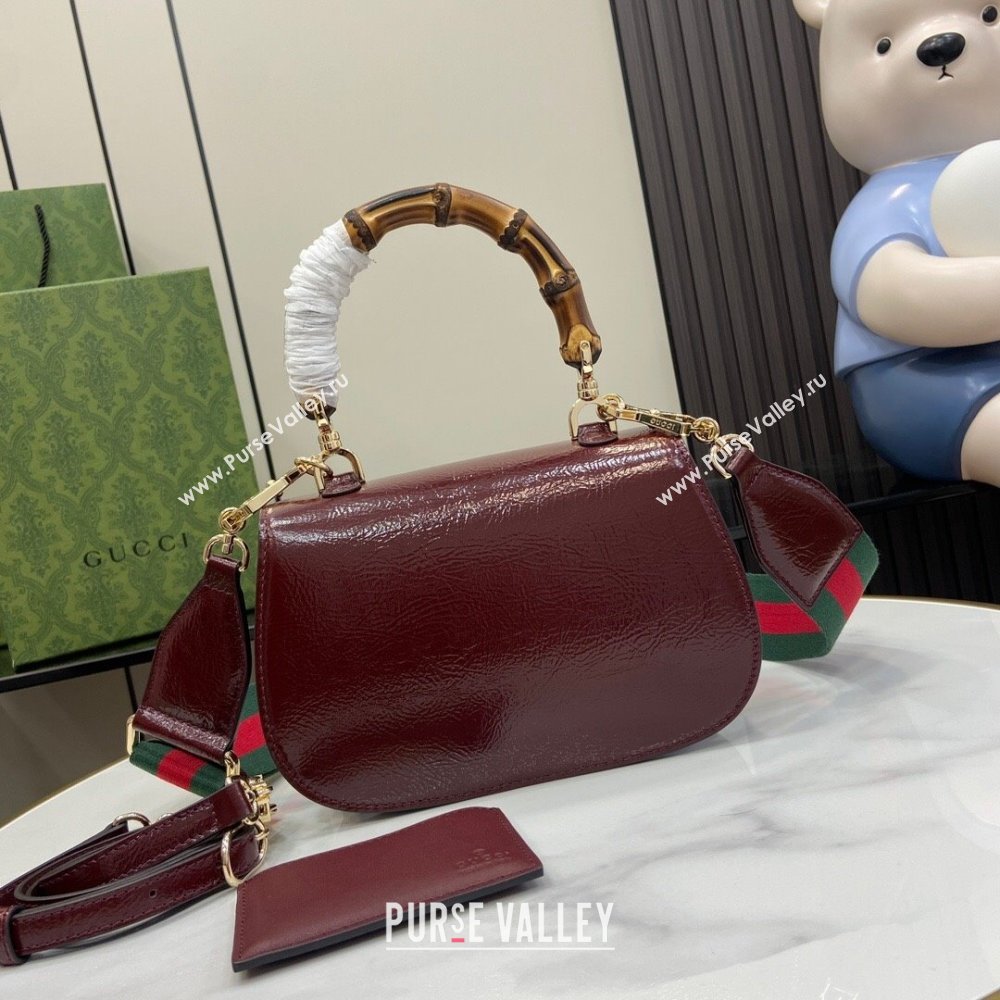 Gucci Bamboo 1947 Patent Leather Small bag with Embossed GUCCI Logo Burgundy 2024 675797 (XLU-240625028)