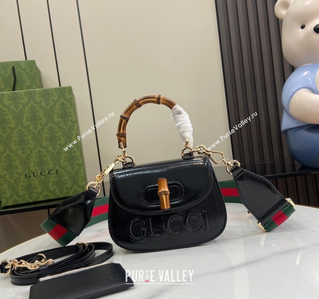 Gucci Bamboo 1947 Patent Leather Mini bag with Embossed GUCCI Logo Black 2024 786482 (XLU-240625031)