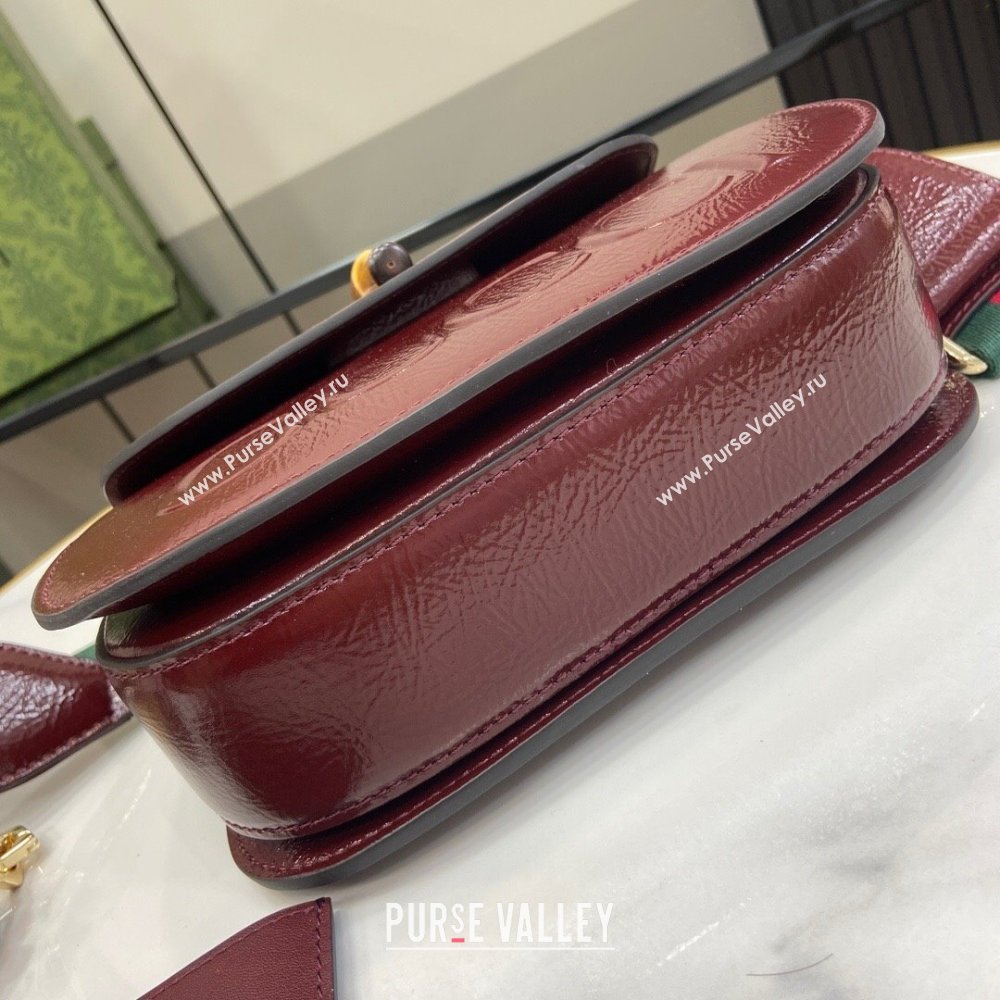 Gucci Bamboo 1947 Patent Leather Small bag with Embossed GUCCI Logo Burgundy 2024 675797 (XLU-240625028)