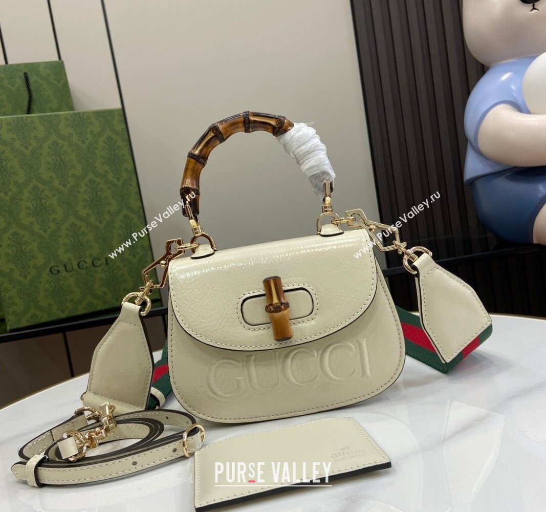 Gucci Bamboo 1947 Patent Leather Mini bag with Embossed GUCCI Logo White 2024 786482 (XLU-240625032)