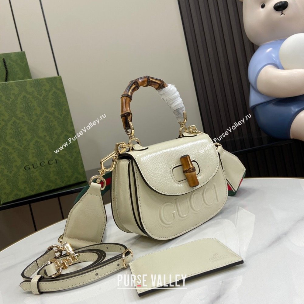 Gucci Bamboo 1947 Patent Leather Mini bag with Embossed GUCCI Logo White 2024 786482 (XLU-240625032)