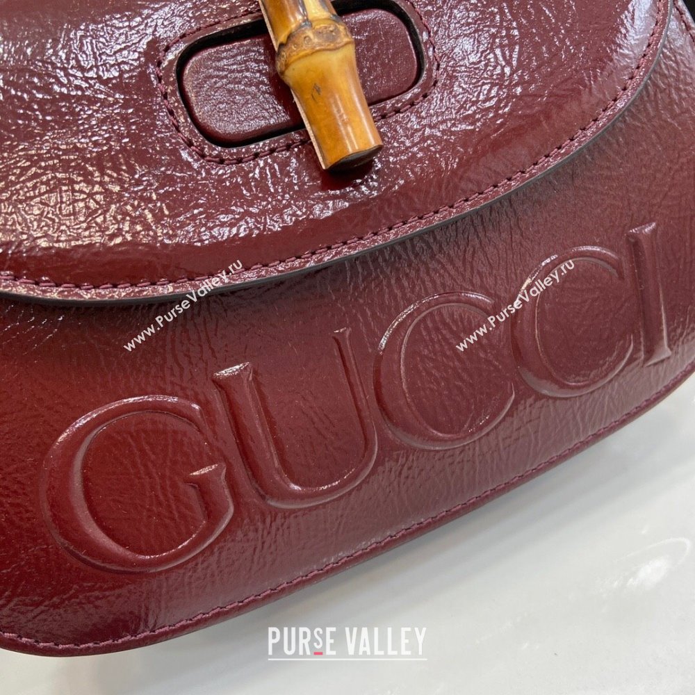 Gucci Bamboo 1947 Patent Leather Small bag with Embossed GUCCI Logo Burgundy 2024 675797 (XLU-240625028)