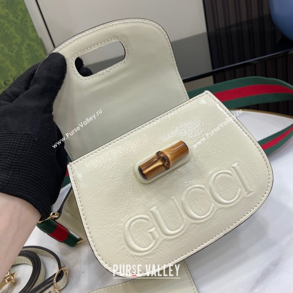 Gucci Bamboo 1947 Patent Leather Mini bag with Embossed GUCCI Logo White 2024 786482 (XLU-240625032)