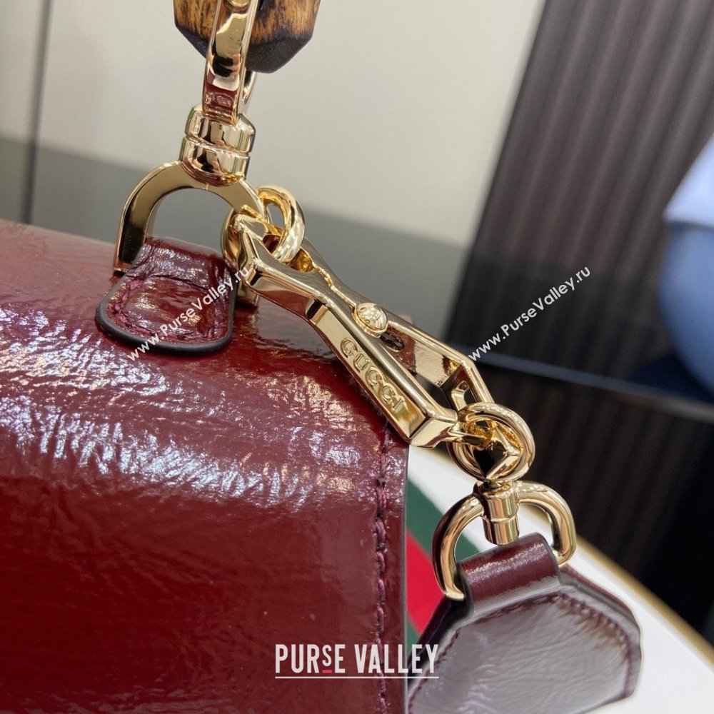 Gucci Bamboo 1947 Patent Leather Small bag with Embossed GUCCI Logo Burgundy 2024 675797 (XLU-240625028)