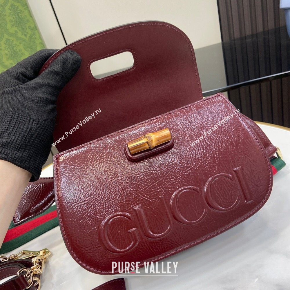 Gucci Bamboo 1947 Patent Leather Small bag with Embossed GUCCI Logo Burgundy 2024 675797 (XLU-240625028)