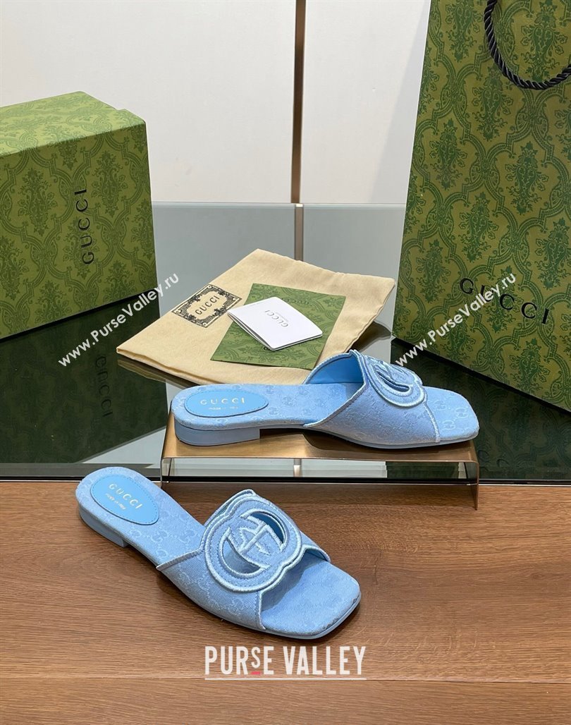 Gucci GG Canvas Flat Slides Sandal in GG Canvas Light Blue 2024 0702 (MD-240702137)