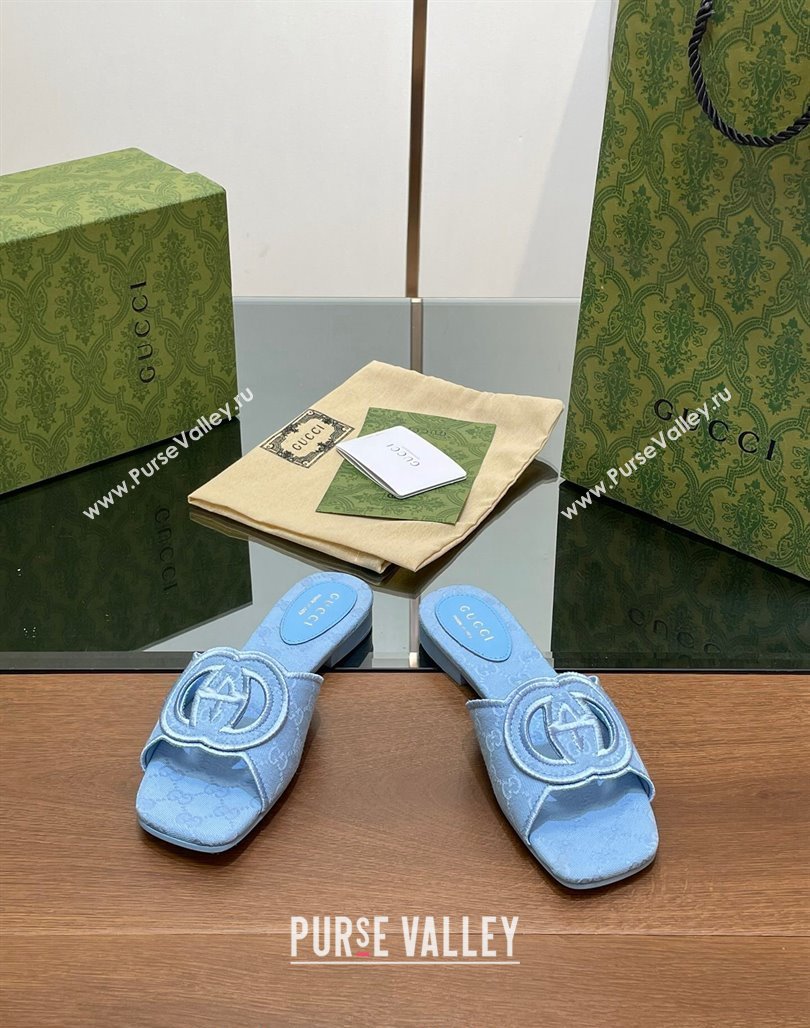 Gucci GG Canvas Flat Slides Sandal in GG Canvas Light Blue 2024 0702 (MD-240702137)