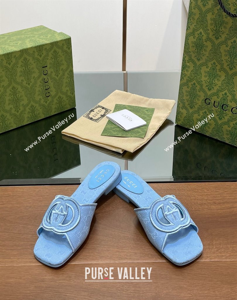 Gucci GG Canvas Flat Slides Sandal in GG Canvas Light Blue 2024 0702 (MD-240702137)