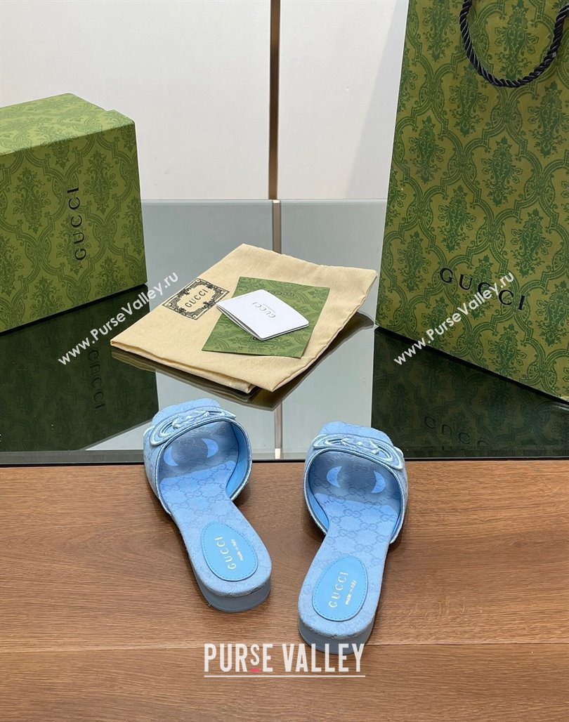 Gucci GG Canvas Flat Slides Sandal in GG Canvas Light Blue 2024 0702 (MD-240702137)