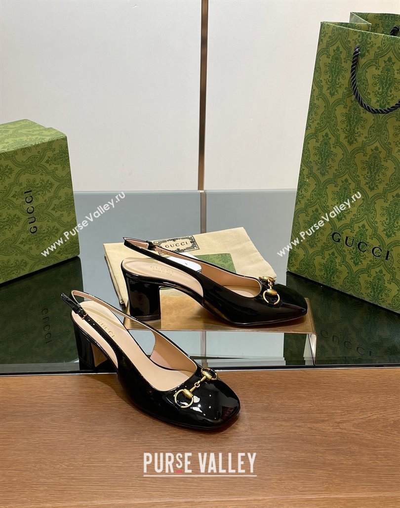 Gucci Horsebit Slingback Pumps 6.5cm in Patent Leather Black 2024 0702 (MD-240702141)