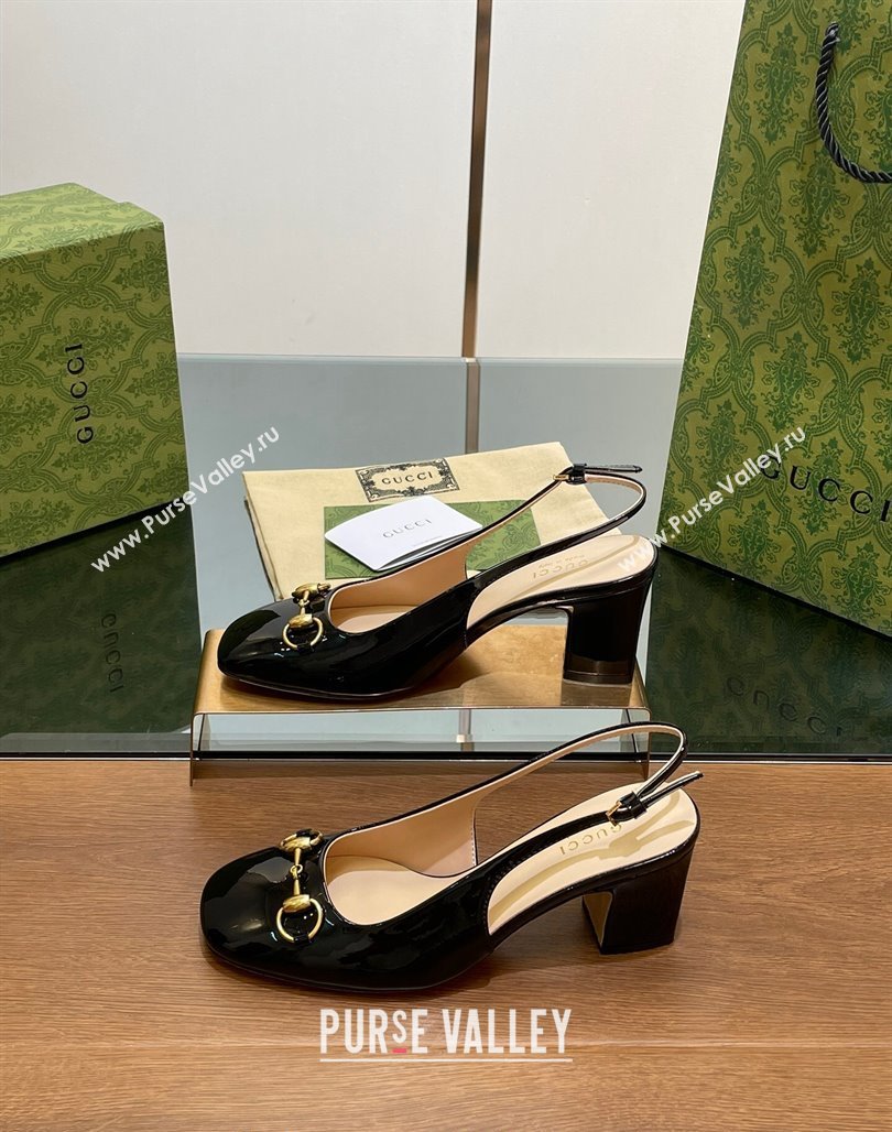 Gucci Horsebit Slingback Pumps 6.5cm in Patent Leather Black 2024 0702 (MD-240702141)