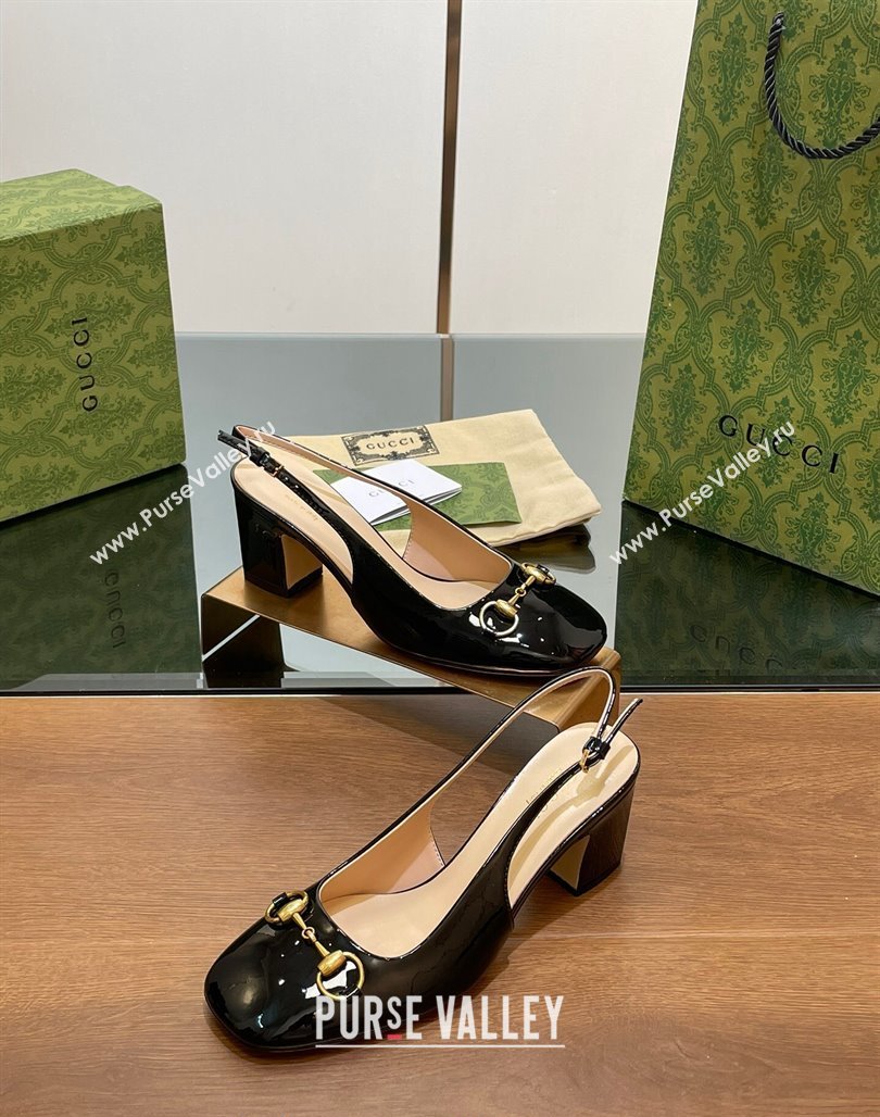 Gucci Horsebit Slingback Pumps 6.5cm in Patent Leather Black 2024 0702 (MD-240702141)