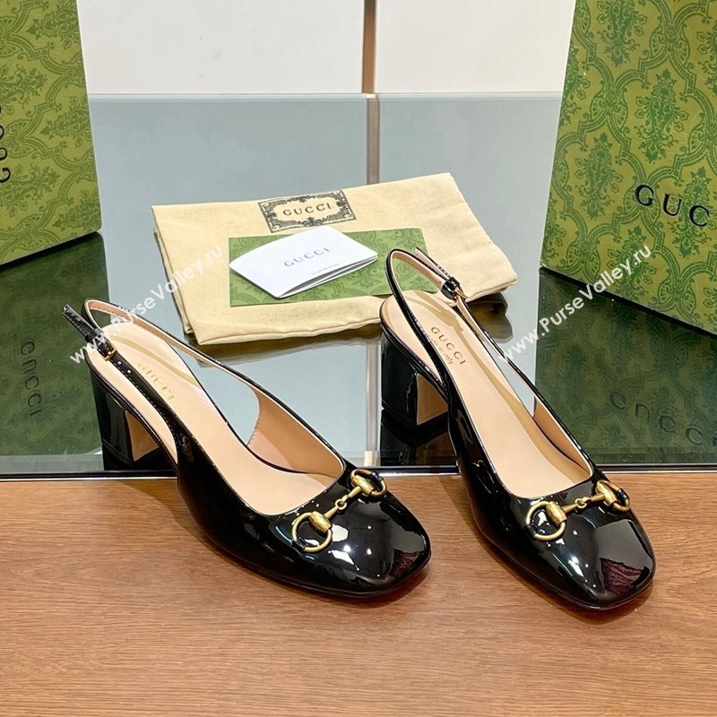 Gucci Horsebit Slingback Pumps 6.5cm in Patent Leather Black 2024 0702 (MD-240702141)