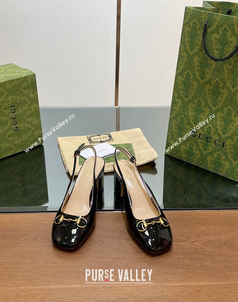 Gucci Horsebit Slingback Pumps 6.5cm in Patent Leather Black 2024 0702 (MD-240702141)