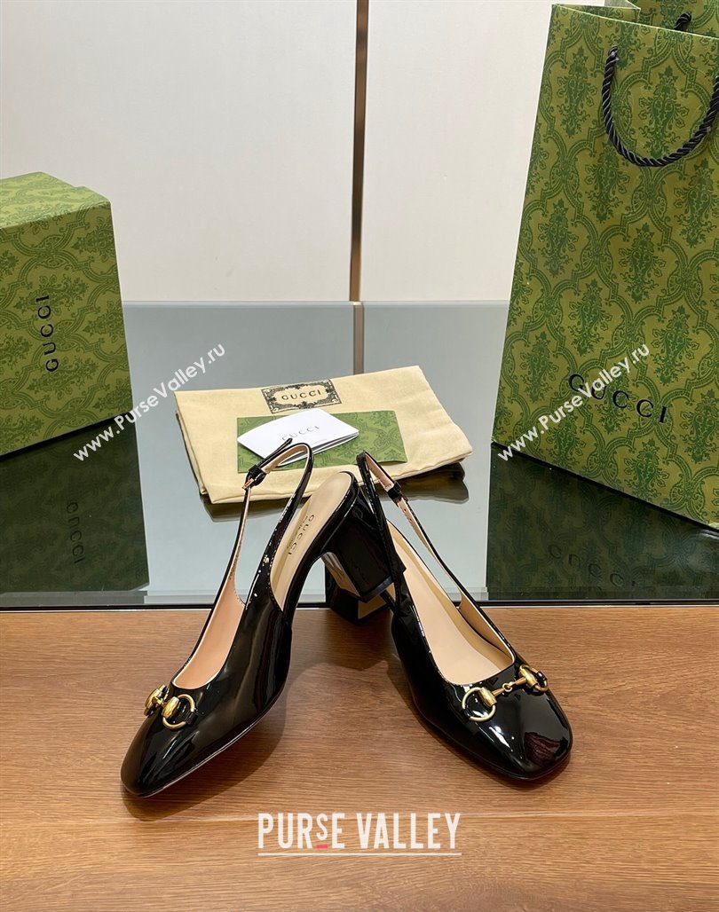 Gucci Horsebit Slingback Pumps 6.5cm in Patent Leather Black 2024 0702 (MD-240702141)