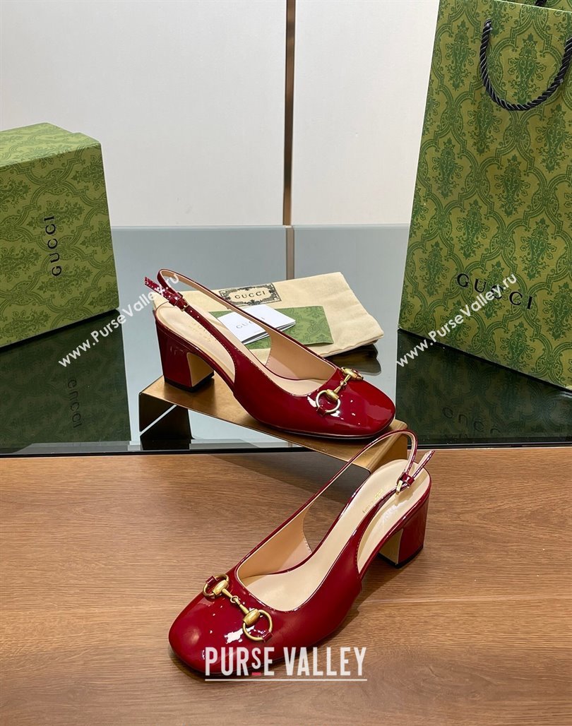 Gucci Horsebit Slingback Pumps 6.5cm in Patent Leather Red 2024 0702 (MD-240702142)